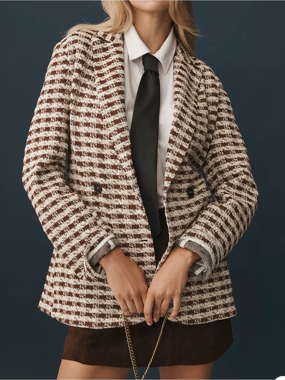 Anthropologie Dolan Left Coast Knit Houndstooth Blazer Jacket in Brown and White - Picture 5 of 6